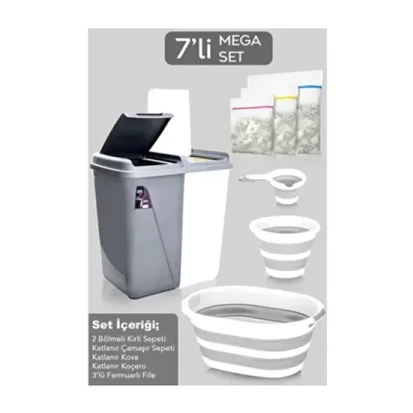 7'li Banyo Seti - 90 Lt Kirli Sepeti Katlanabilir Çamaşır Sepeti Su Kovası Maşrapa Yıkama Filesi - 36 x 57 - Gri