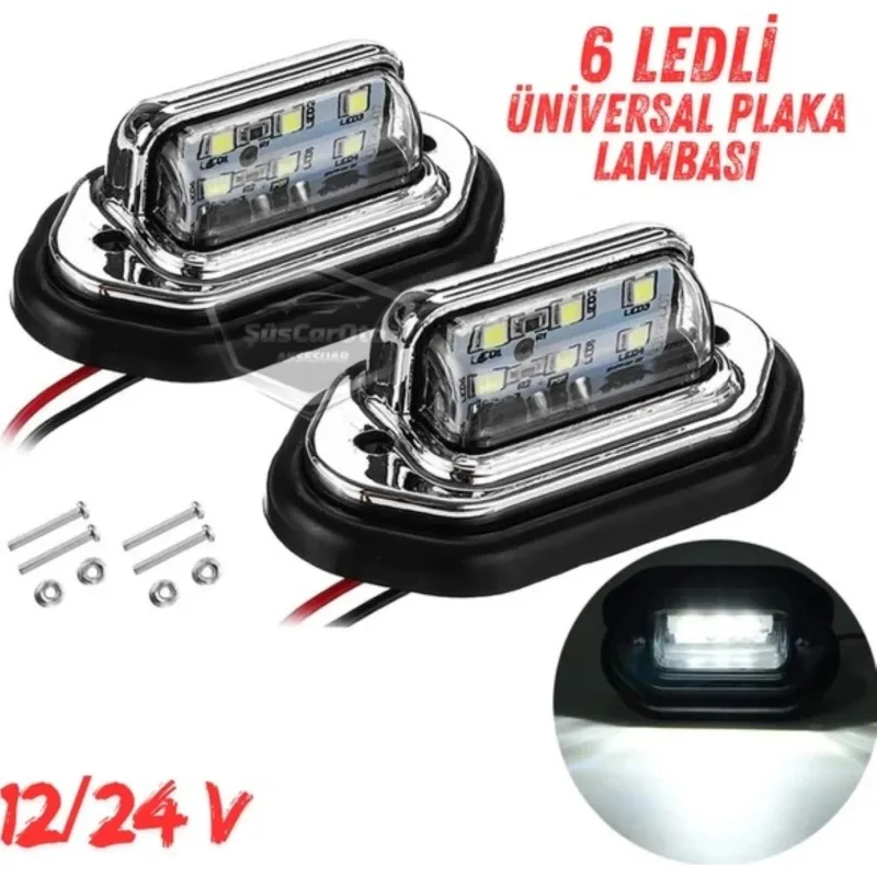AHMET OTOMOTİV Üniversal Plaka Lambası 6 Led Güçlü Işık Su Geçirmez Krom Plaka Işığı Oto Aydınlatma 12/24V 2 Adet