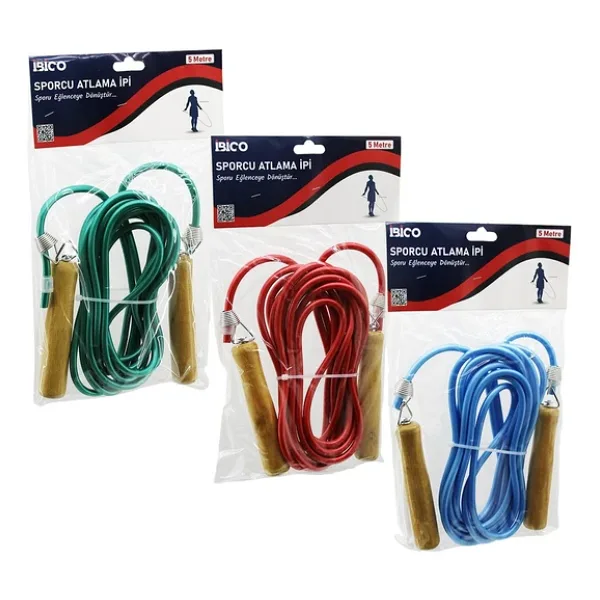 AHŞAP SAPLI PVC ATLAMA İPİ RENKLİ 5MT (5680)