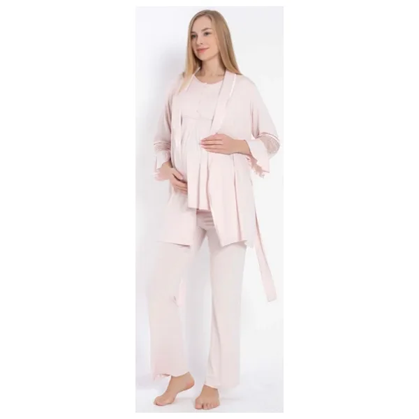 Anıl 11314 Kısa Kol Bisiklet Yaka Kadın Viskon Dantel Detaylı Hamile Pijama Takımı Sabahlık MAN11314