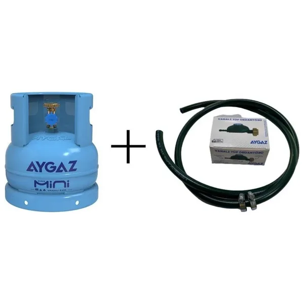 Aygaz Mini Karavan Tüpü + Vanalı Dedantör + 1.5 Metre Hortum (2 Kelepçe Dahil)
