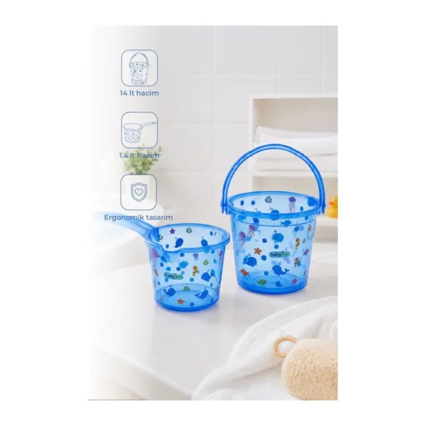 Babyjem 923 Şeffaf Kova & Maşrapa Set Mavi Desenli