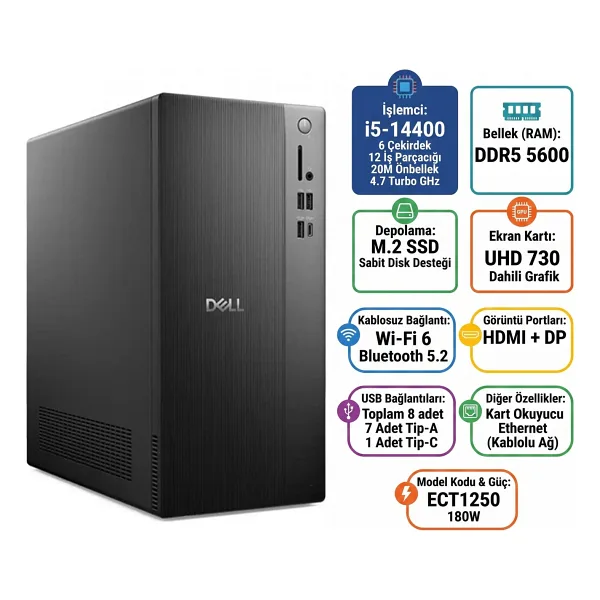 Dell Tower ECT1250 Intel Core i5-14400 16GB 512GB SSD Windows 11 Pro Masaüstü Bilgisayar ECT1250_RPLSR003_U 008