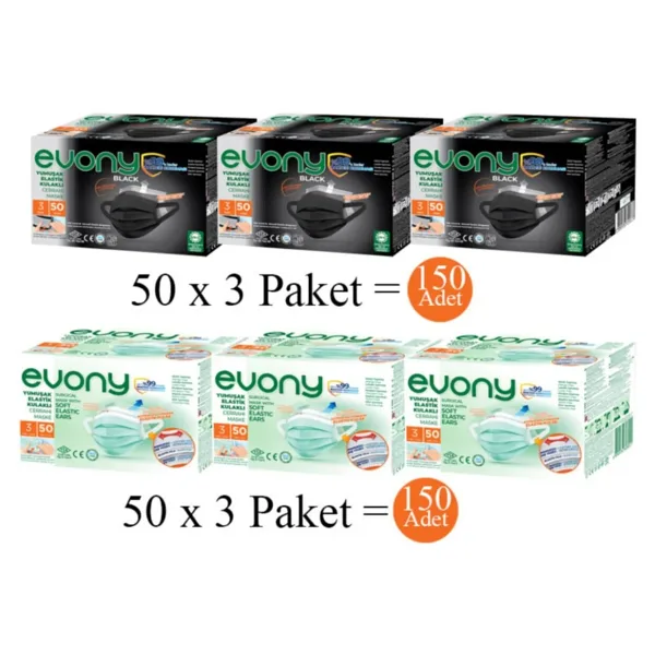 Evony Siyah Elastik Kulaklı Maske 150 Adet + Evony Yeşil Elastik Kulaklı Maske 150 Adet
