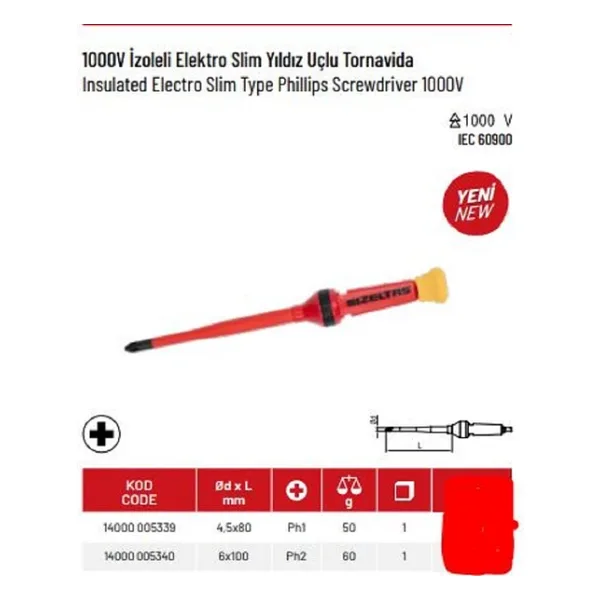 İzeltaş İzoleli Elektroslim Yıldız Uçlu Tornavida Ph1 4,5X80 1000V