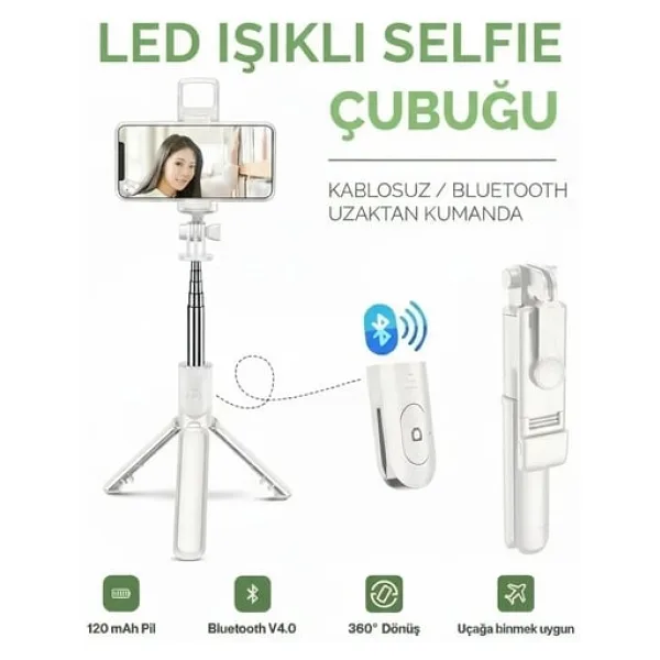 Led Işıklı Selfie Çubuğu Bluetooth Kumandalı Kablosuz Tripot Selfie Monopod Selfie Stick (Beyaz)