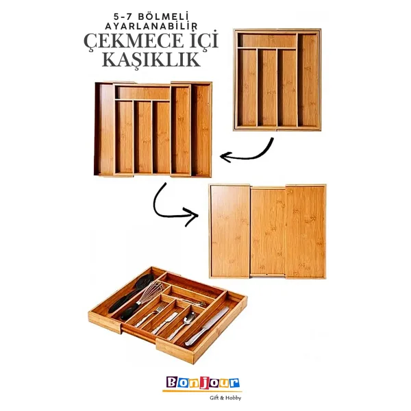 MİEN Bambu Ayarlanabilir 5-7 Bölmeli Çekmece Içi Ölçü Ayarlı Kaşıklık