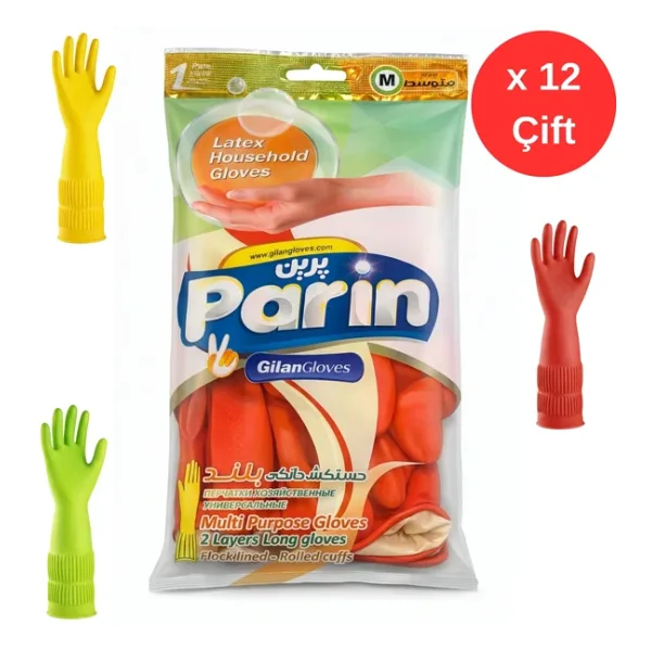 Parin Uzun Konçlu Lateks Bulaşık Ve Temizlik Eldiveni, Medium, 12 Çift
