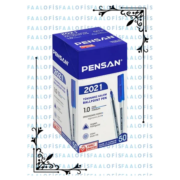 Pensan 2021 Yüksek Kalite Tükenmez Kalem 50 Adet 1.0 mm Mavi Renk Ergonomik Formda Kutu