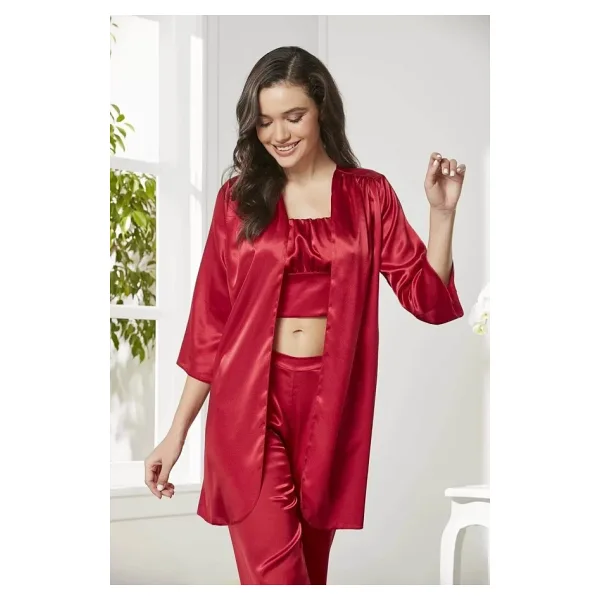 Pierre Cardin Kadife Saten 3'lü Pijama Takım - 2075 Kırmızı