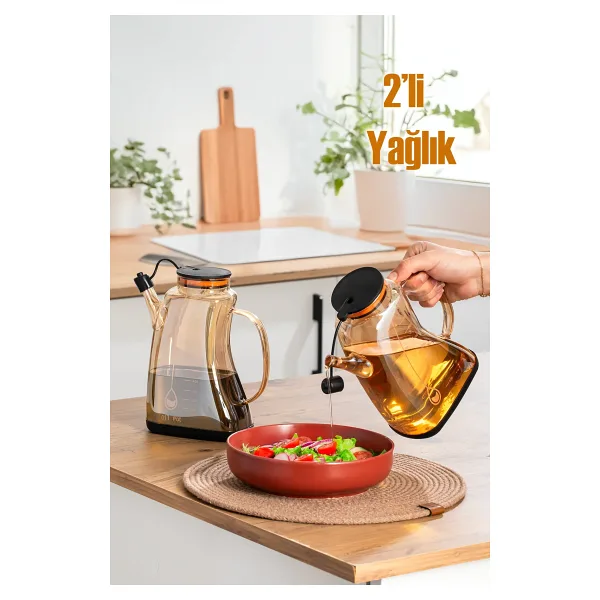 Porsima 3855-1 Şeffaf 2li 1lt Borosilikat Cam Zeytinyağ Şişesi - 2li Yağlık Ve Sirkelik Seti Siyah Siyah