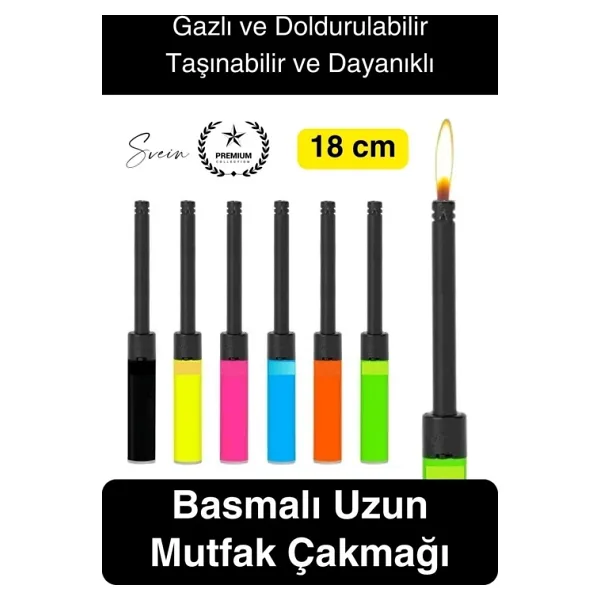 Premium 18 cm Basmalı Uzun Mutfak Çakmağı Gazlı Doldurulabilir Mum Mangal Kamp İçin Normal Alev