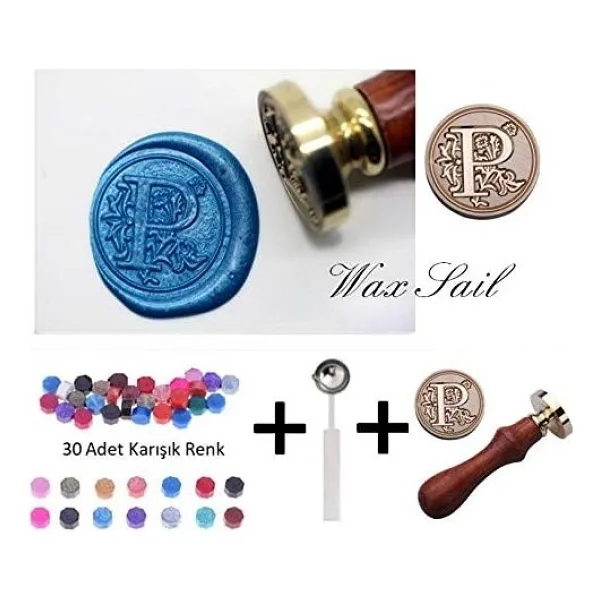 Retro Mektup Mühürü Damga P Harfi + 30 Adet Mühür Mumu + Eritme Kaşığı