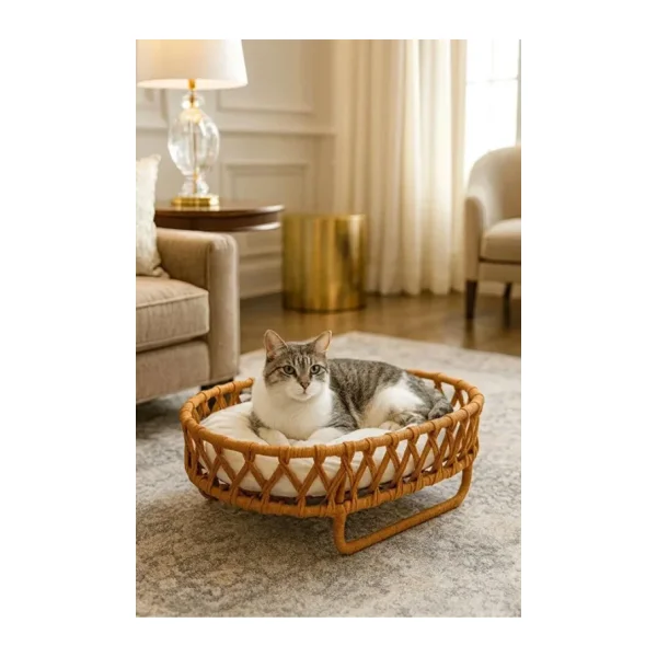 Reyo Tasaryum El Örgüsü İskandinav Kedi Yuvası, Yumuşak Yataklı Kedi Evi Kahverengi