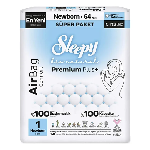 Sleepy Bio Natural Premium Plus Airbag Comfort 1 Numara Newborn 64'lü Bebek Bezi
