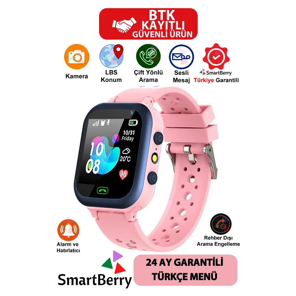 Smartberry Z5 Lbs Konumlu Akıllı Çocuk Takip Saati Sim Kartlı Arama, Kameralı, Gizli Dinleme Özellikli - Pembe