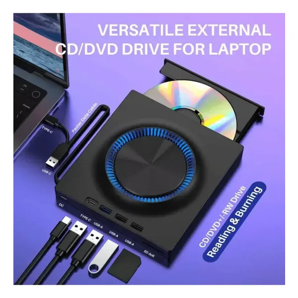 TeknoFaji Harici CD/DVD Sürücü USB 3.0 Type-C CD DVD Yazıcı SD/TF ve USB Yuvaları Optik Sürücü CD