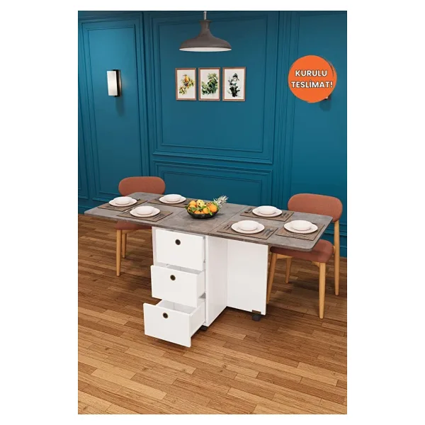 Asra Trend Mdf Katlanır Mutfak Yemek Çalışma Masası, 3 Çekmeceli, Beyaz-Retro Gri, Km-01