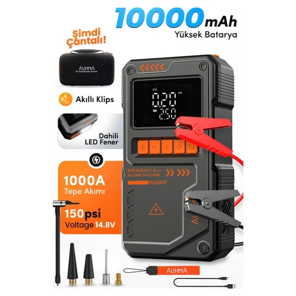 Auhma A8822 4-In-1 Akıllı Akü Takviye Cihazı ve Hava Pompası - 10000MAH Powerbank & Sos Fener - Renk (Siyah)