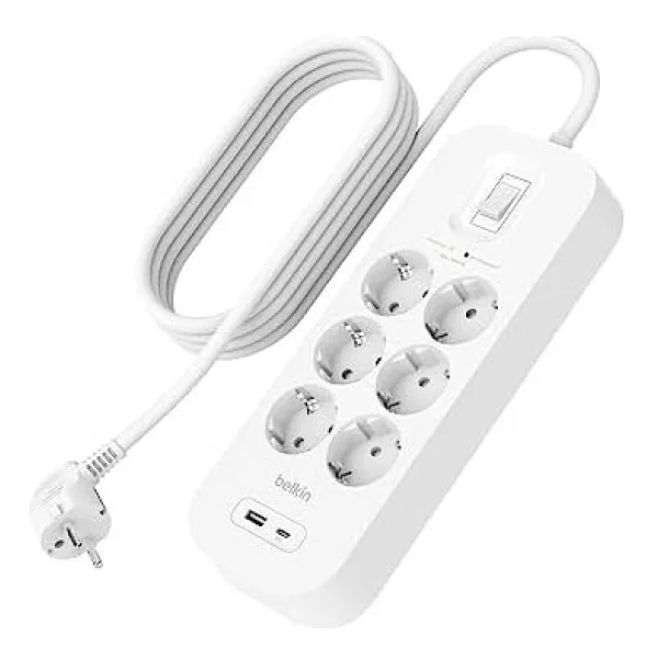 Belkin 6'lı çoklu priz, yüksek gerilim korumalı, duvara montaj, 6 priz, 2 m güç kablosu, yeşil ışıklı gösterge, hızlı şarj için USB-C ve USB-A bağlantısı; 650 jul koruma