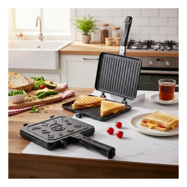 Çift Taraflı Ocak Üstü Döküm Tost Makinesi, Granit Efektli Yanmaz Yapışmaz Sandviç ve Tost Tavası - Hamburger, Omlet ve Aperatifler Için Ideal Ergonomik Saplı Kolay Temizlenebilir Grill Tava