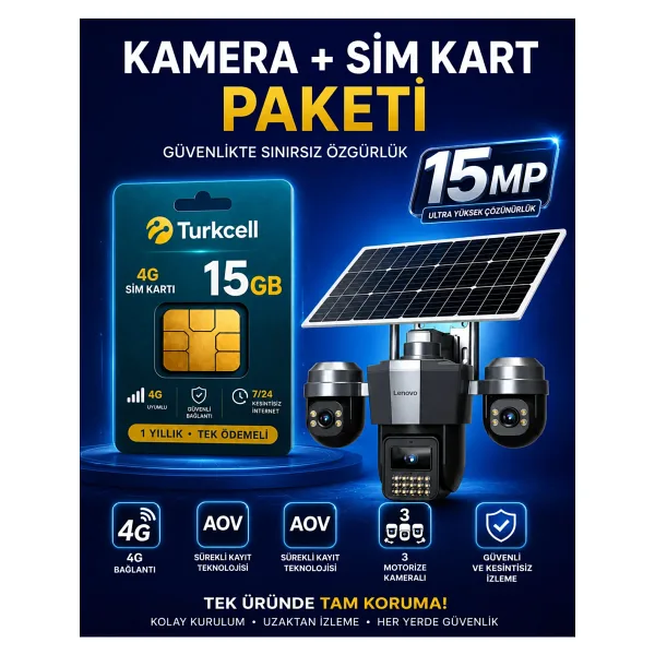 LENOVO 1 Yıllık 15gb Hat Dahil 3 Motorize Kameralı 4G Sim Kartlı Solar Panelli Akıllı Gece Görüşlü AOV Sürekli Kayıt Yapan Güvenlik Kamerası