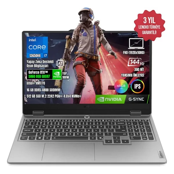 Lenovo Loq 15IRX10 83JE00ETTR-03 I7-13650HX 16GB Ddr5 512GB SSD RTX5060-8GB 15.6" IPS 144Hz Dos - 512 GB - 16 GB