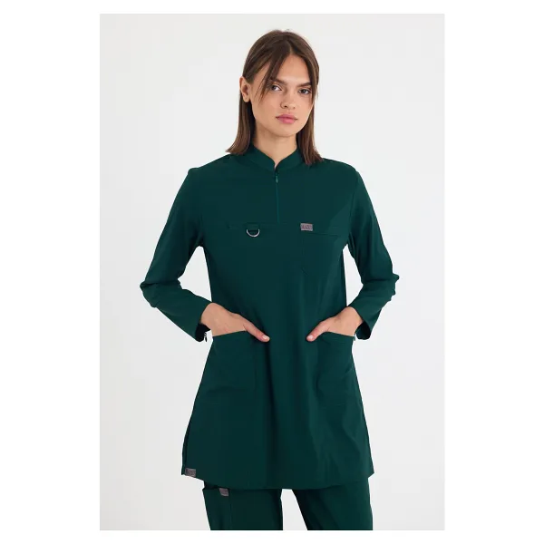 Mazey Uniform Avcı Yeşili Likralı Viscon Hakim Yaka Tesettür Hemşire ve Doktor Scrubs Hastane Üniforma