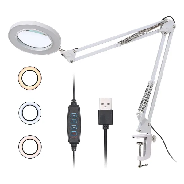 MDS LED Işıklı Katlanabilir Büyüteç Lamba - 5X/8X USB Masa Üstü Büyüteç, Hobi ve Okuma İçin - Beyaz