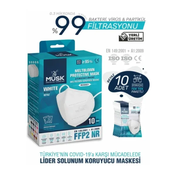 Musk FFP2 N95 5 Katlı Meltblown Beyaz 10'lu 2 Paket Ultrasonik Koruyucu Maske
