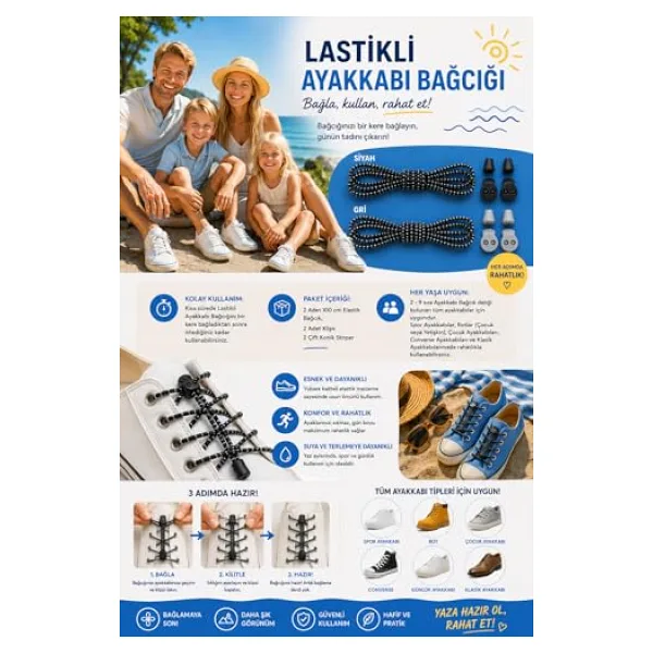 okavango Kilitli Elastik Akıllı Bağcık, Pratik Ayakkabı Bağcığı, Takbırak (2 Çift Beyaz Çizgili Siyah)