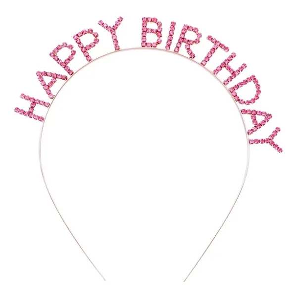 Pembe Renk Kristal Taşlı Gold Renk Kaplama Happy Birthday Taç 16x17 cm