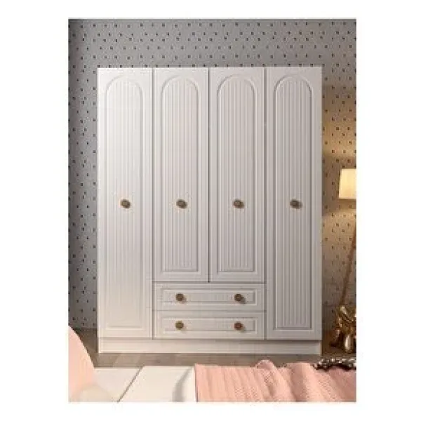 Platinreyon Bohem 4 Kapaklı 2 Çekmeceli Mdf Kapak Şık Zarif Beyaz Gardırop