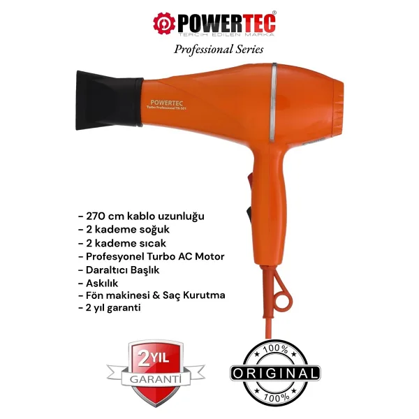 Powertec TR-501 Turbo Profesyonel 1900 W Fön Makinesi Turuncu