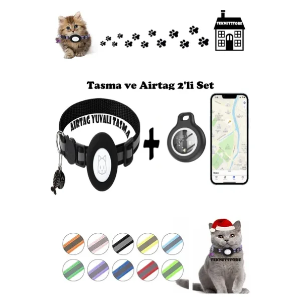 Takip Cihazı Ve Airtag Yuvalı Kedi Tasması 2'Li Set Ios Uyumlu Boyun Tasması Gps Siyah