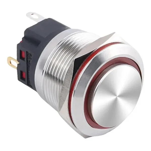 WD22B-G1-E 22mm Çıkık Yaylı Işıklı Metal Buton - Kırmızı