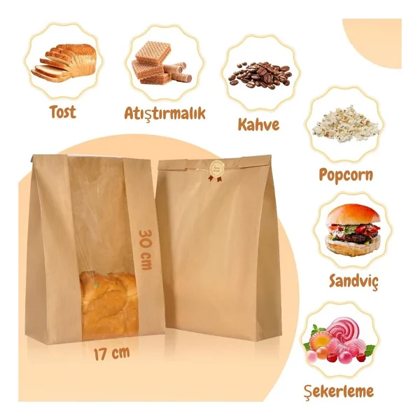 100 Adet 17X30 Pencereli Kraft Kese Kağıdı Gıdaya Uygun Poğaça Tost Sandviç Simit Kağıdı