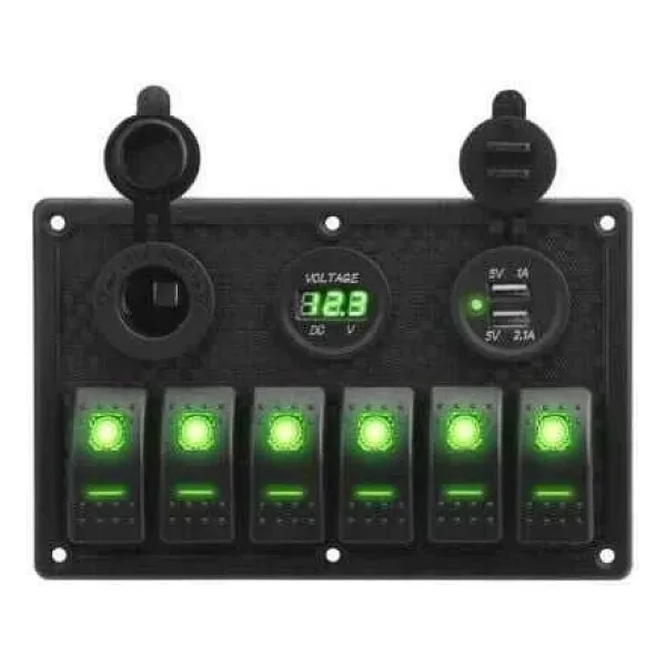 6'lı ON-OFF Yeşil Işıklı Anahtar Switch Panel 2x5V USB Çakmaklık ve Voltaj Göstergeli