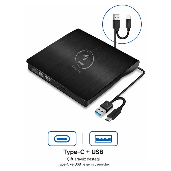 Alfalink Harici DVD Rw External Taşınabilir Ultra Ince Usb+Type-C 3.0 CD DVD Yazıcı Okuyucu - 409-Mavi