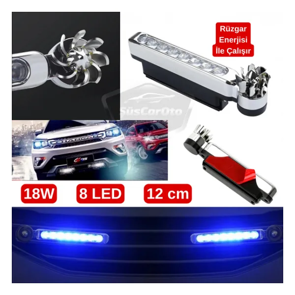 Araç Oto Rüzgar Enerjili Kablosuz 8 Ledli Gündüz Farı Araba Fırfırlı Elektriksiz Gündüz Ledi DRL Led Lamba Su Geçirmez Mavi