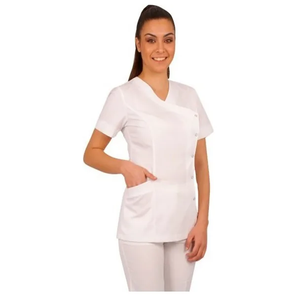 Emel Tekstil Doktor Hemşire Gold Alpaka Beyaz Kadın Üst Nervürlü Model Açık Uniforma - 40