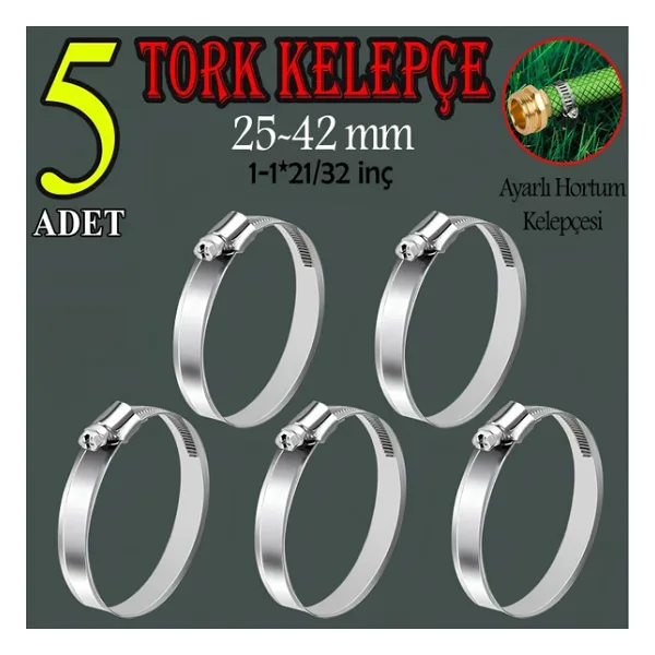 Hortum Kelepçesi Tork Ayarlı 25X42 Mm Paslanmaz Çelik Boru Metal Kelepçe Ayarlanabilir Klips 5 Adet