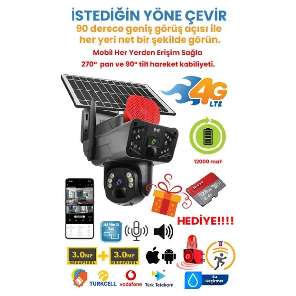 Kadraj Solar Panelli Güneş Enerjili Sim Kartlı 4g 6 mp Çift Lensli Ptz Güvenlik Kamerası - Hareket Algılama 128 GB Sd Kart