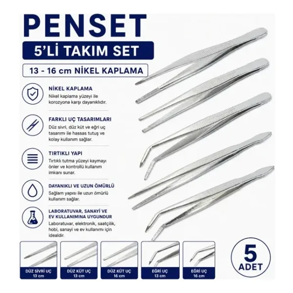 Labolist Penset 5'li Takım Set 13 - 16 cm Nikel Kaplama