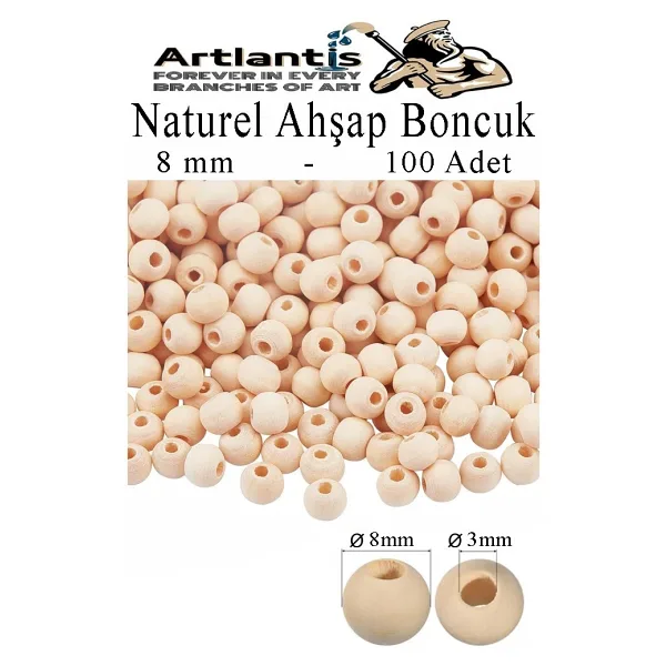 Naturel Ahşap Boncuk 8mm 100 lü 1 Paket Ham Boyanabilir Ahşap Yuvarlak Doğal Boncuklar Takı Tasarım Ektinlik Kreş Okul