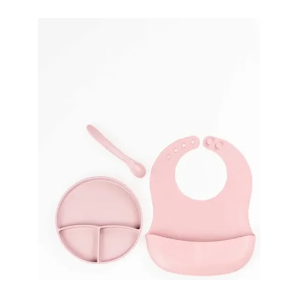 NoiBaby 3'lü Silikon Yemek Seti - Önlük + Diş Kaşıyıcılı Kaşık + Vakumlu Tabak (Pembe)