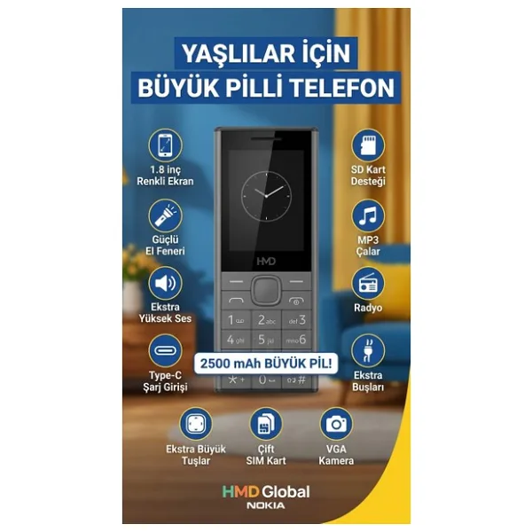 Nokia Yaşlıya Kameralı Yüksek Sesli Cep Telefonu - Black Edition