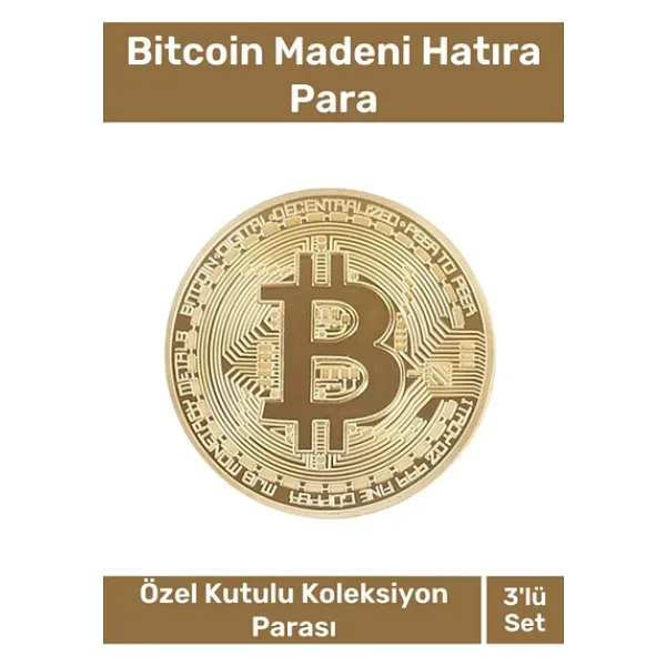 Özel Kutulu Hediyelik Kripto Hatıra Koleksiyon Bitcoin Madeni Para Altın Rengi 3'lü Set