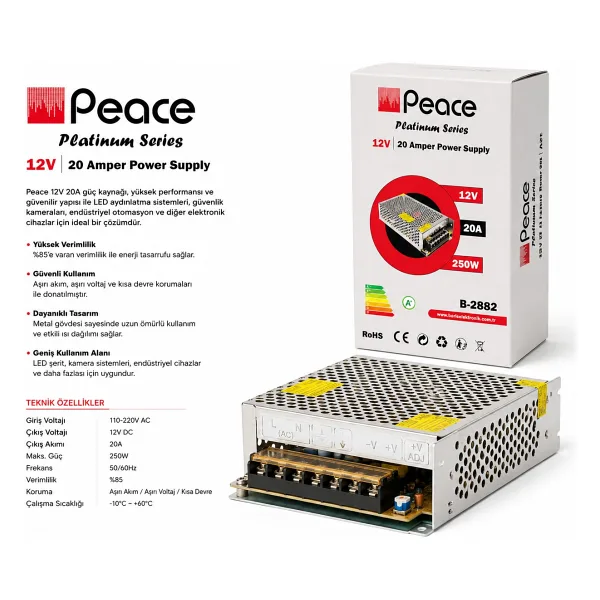 Peace Platinum Series 12V 20A 250W Metal Kasa Güç Kaynağı Adaptör