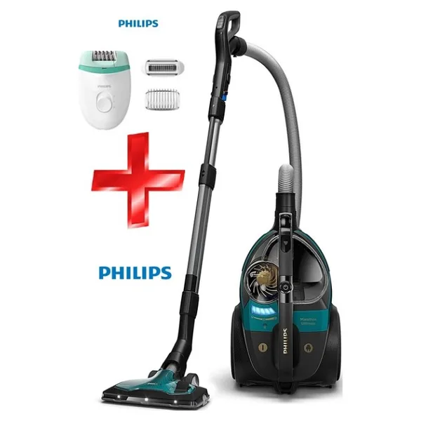 Philips Marathon Ultimate Koldan Kumandalı LED Başlıklı Toz Torbasız Süpürge + Epilasyon Cihazı Hediyeli - Siyah - Yeşil